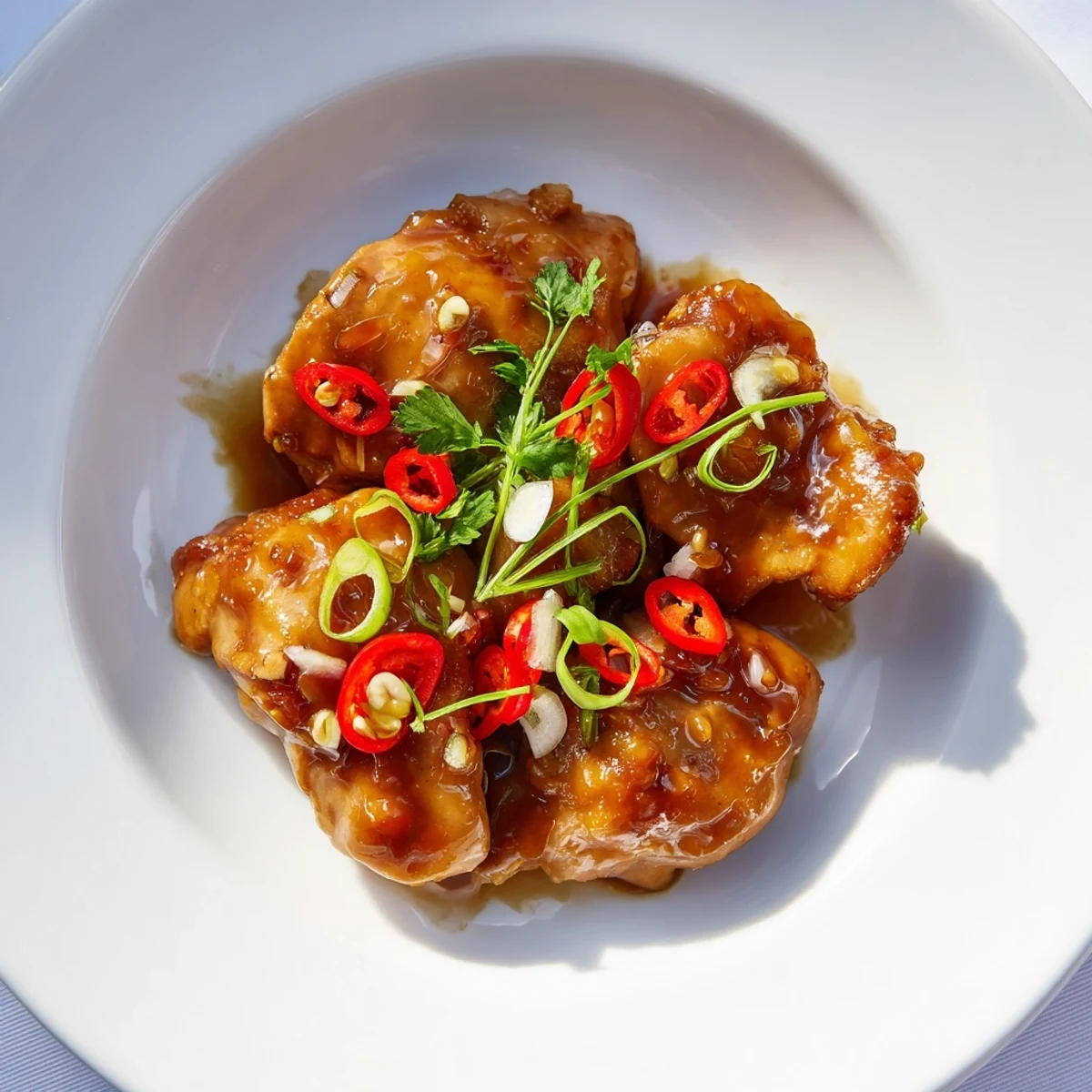 Fragrant Vietnamese Caramel Chicken with visible, sticky glaze and vibrant green spring onions sprinkled on top.