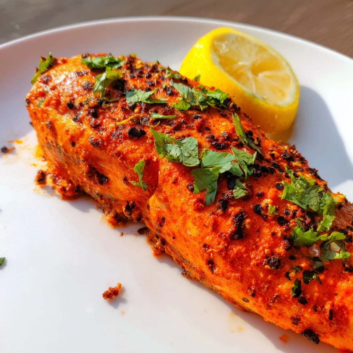 Vibrant Indian Tikka Salmon, beautifully roasted, shows flaky texture and is ready to enjoy.
