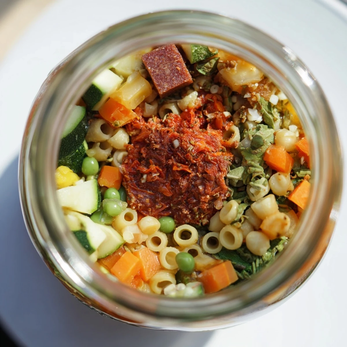 Colorful minestrone soup layered in glass jars, ready to be heated and enjoyed for a quick meal.