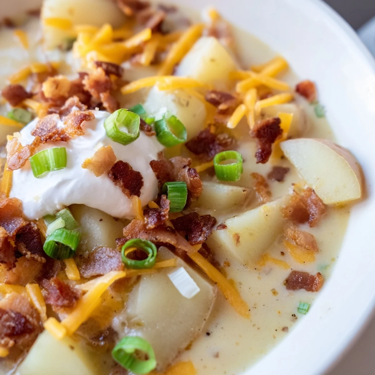 Loaded Baked Potato Soup, a creamy, savory bowl with melted cheese and crispy bacon.