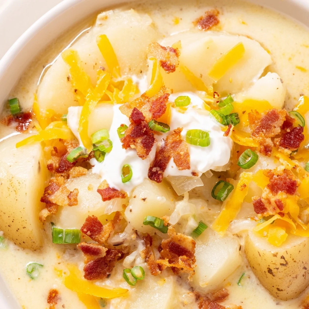Enjoy the comforting sight of Loaded Baked Potato Soup, generously garnished with cheddar and sour cream.