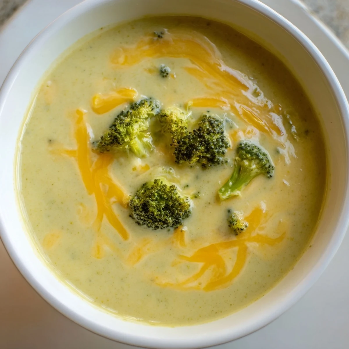 A close-up of a bowl of rich, velvety Creamy Broccoli Cheddar Soup, brimming with flavor.