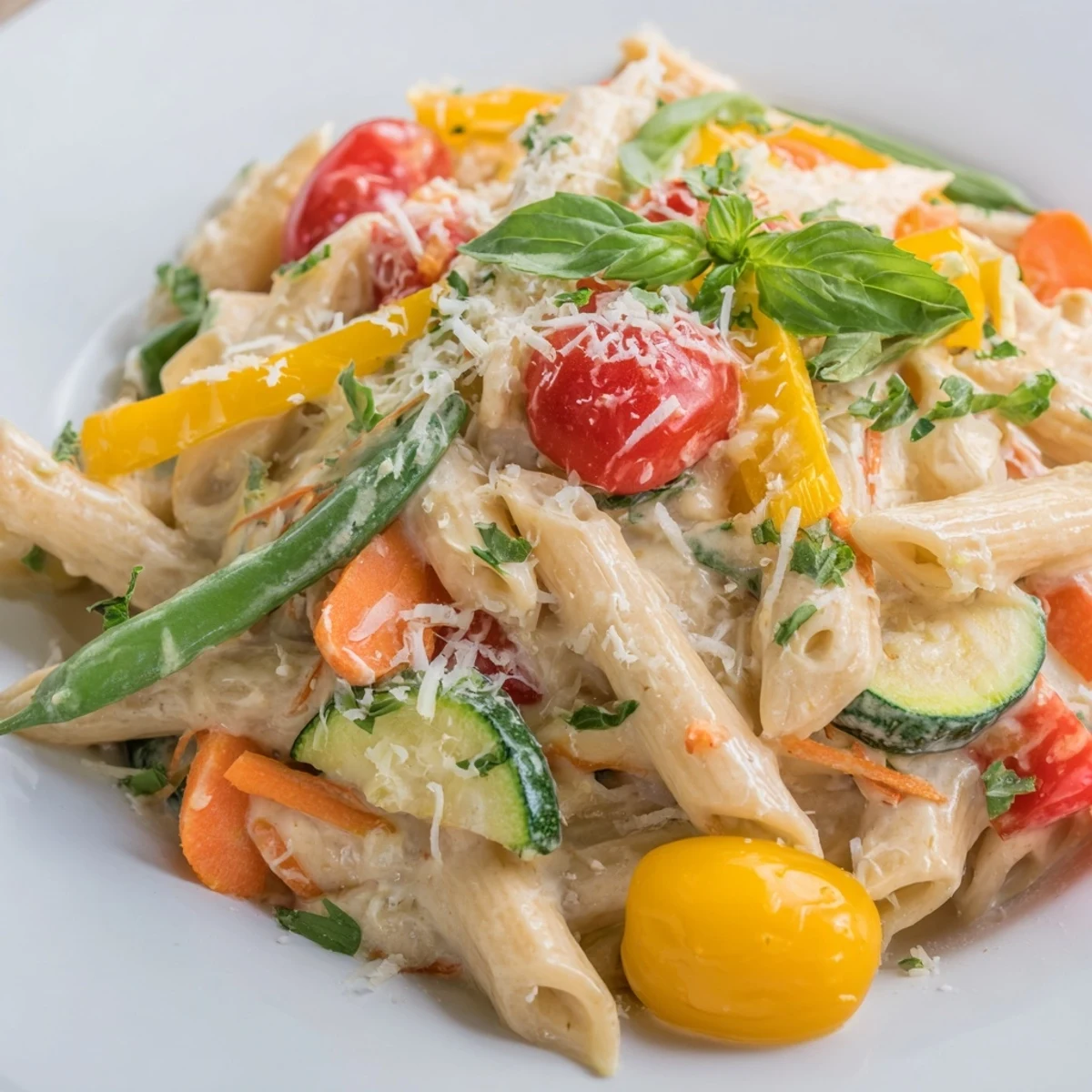 One-Pot Creamy Pasta Primavera bubbling, veggie-packed, and ready to serve, a comforting Italian meal.