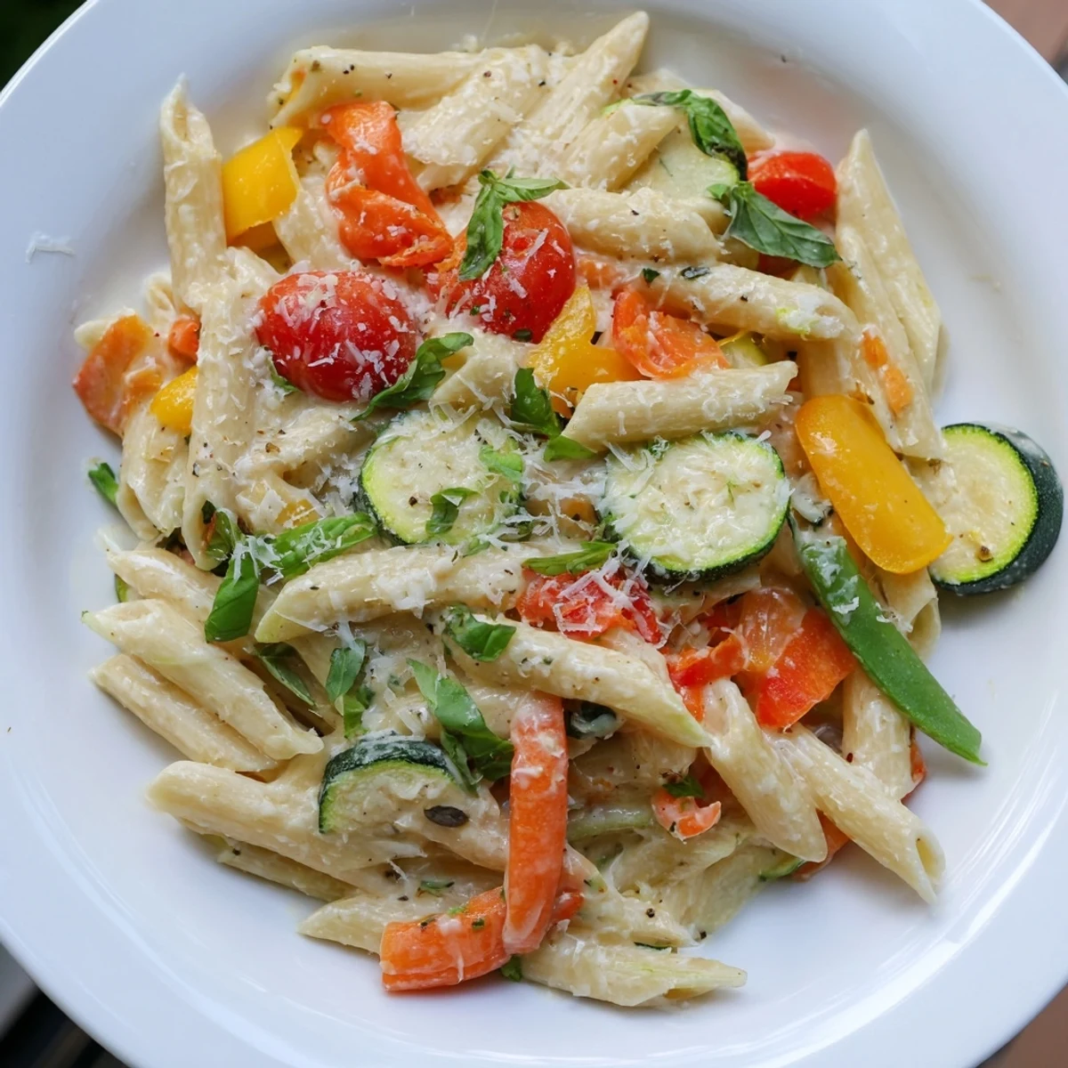 Enjoy a steaming bowl of One-Pot Creamy Pasta Primavera bursting with fresh flavors and cheesy goodness.