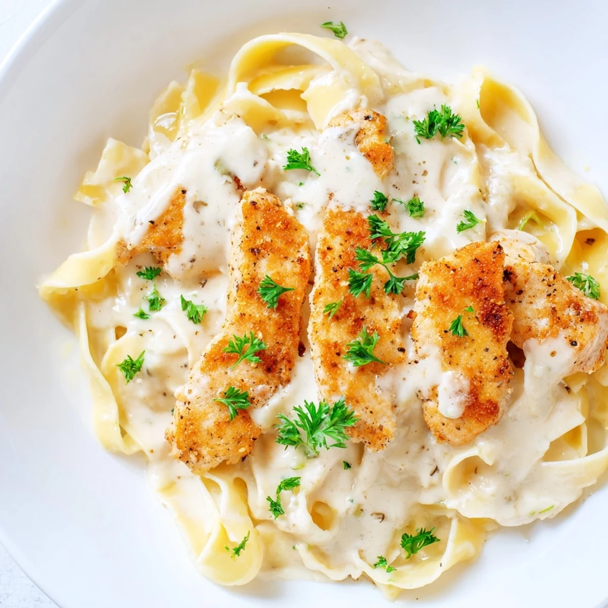Sizzling Skillet Chicken Alfredo with golden chicken, creamy sauce, and parsley garnish, delicious!