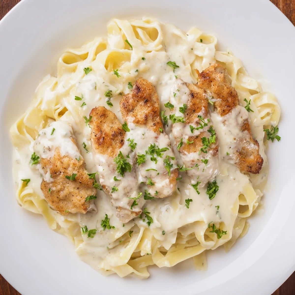 A comforting image of Skillet Chicken Alfredo: pasta and chicken coated in rich Alfredo sauce.