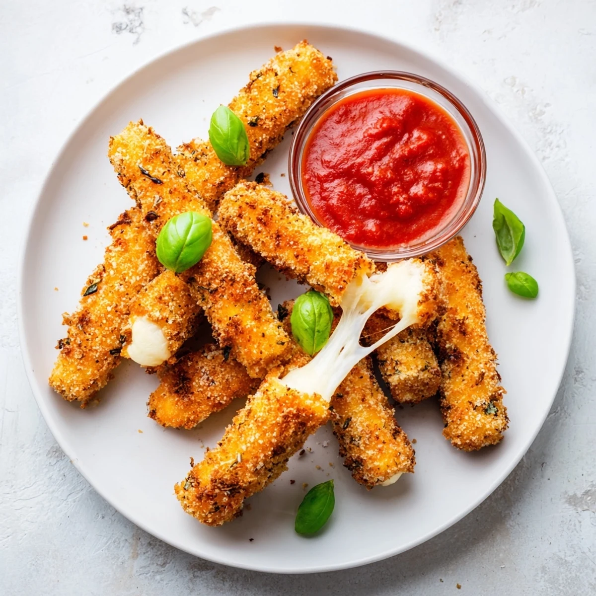 Melted cheese pull from a freshly made batch of crispy Air Fryer Mozzarella Sticks.
