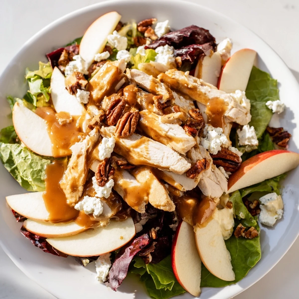 A close-up of Caramel Apple Chicken Salad with tender chicken slices, crisp apple wedges, and candied pecans on mixed greens.  