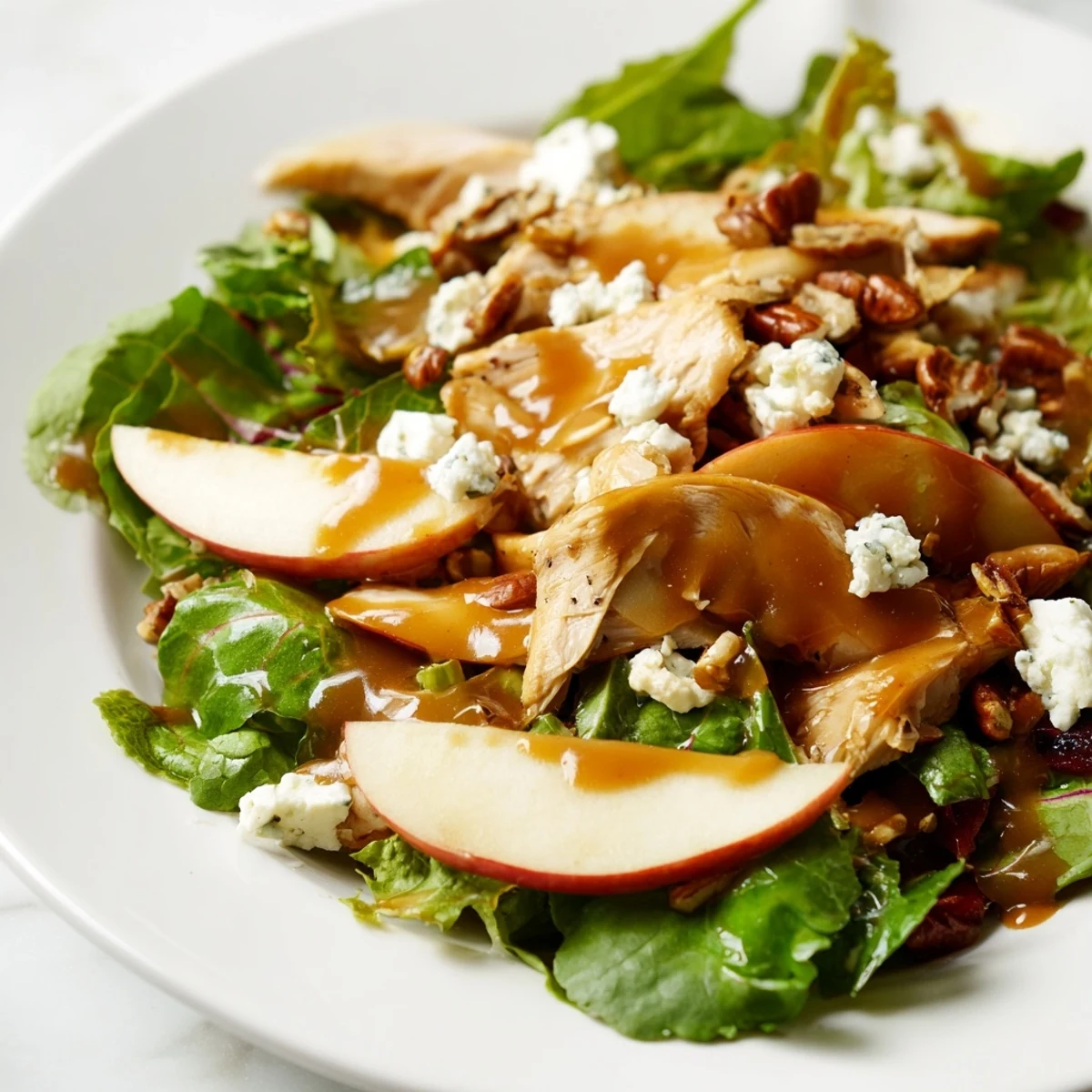 Vibrant autumn Caramel Apple Chicken Salad topped with crumbled feta, dried cranberries, and a glossy caramel-pecan dressing drizzle.  