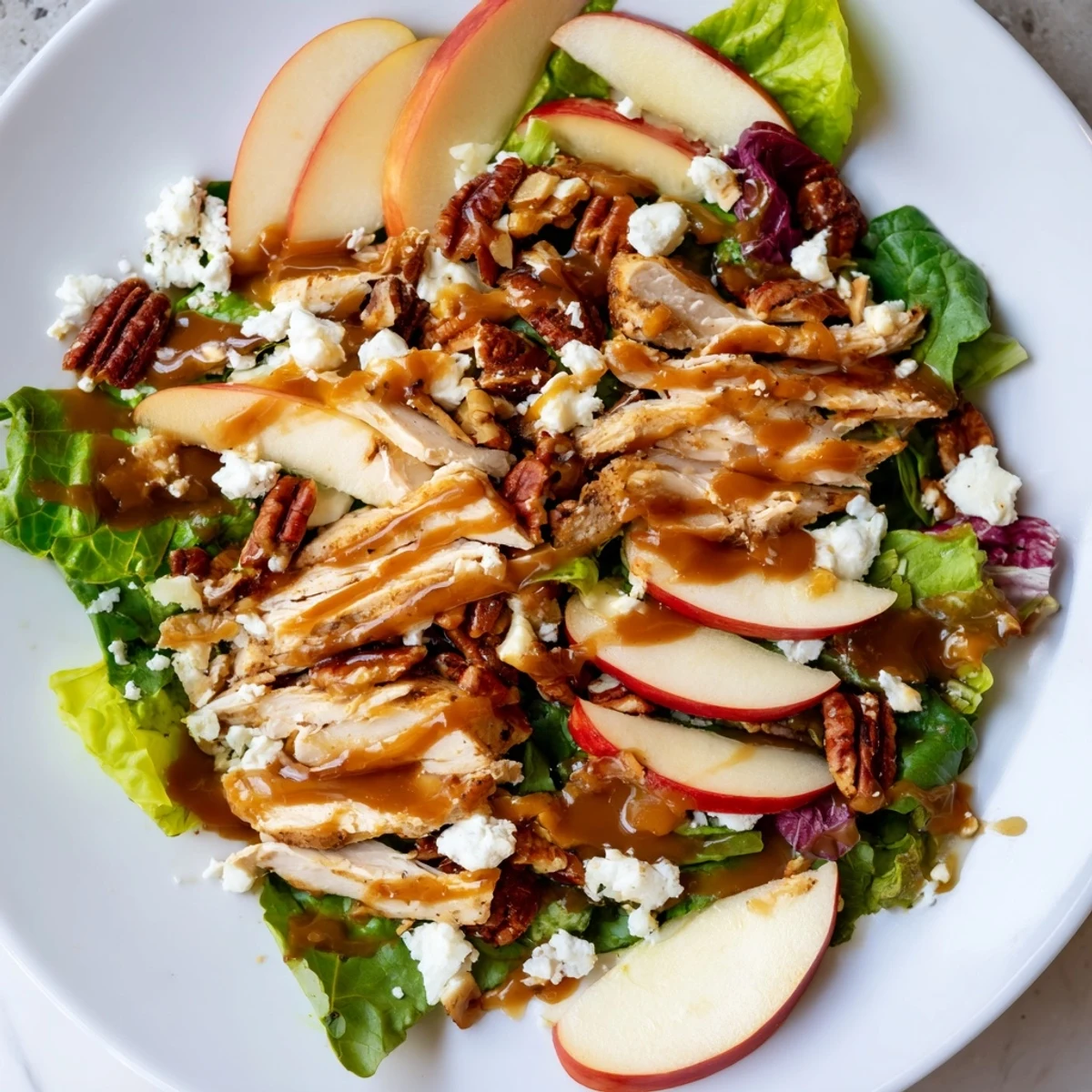 Freshly tossed Caramel Apple Chicken Salad featuring sliced apples, red onion, and toasted pecans on a bed of arugula and spinach.