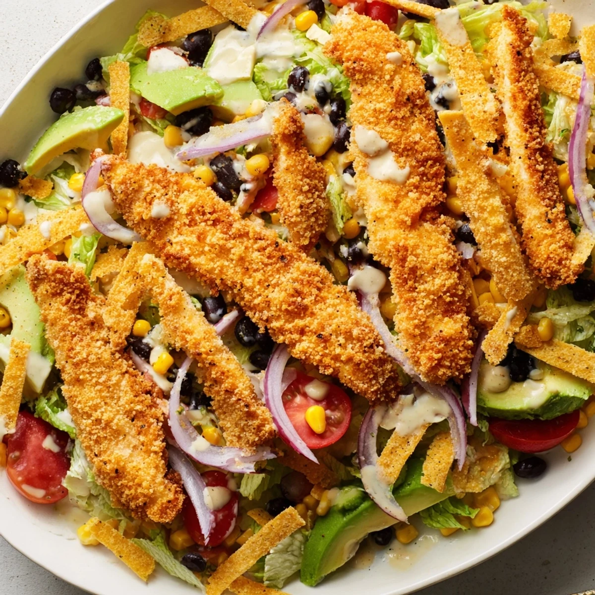 A top-down view of Crispy Chicken Taco Salad topped with tortilla strips, avocado, and a drizzle of creamy salsa ranch dressing.