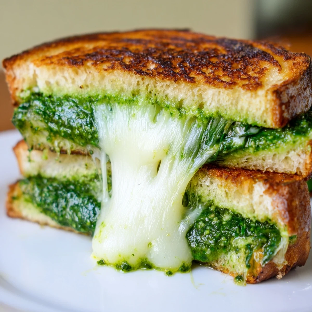 A toasted spinach pesto grilled cheese sandwich rests beside a bowl of creamy tomato soup for dipping.