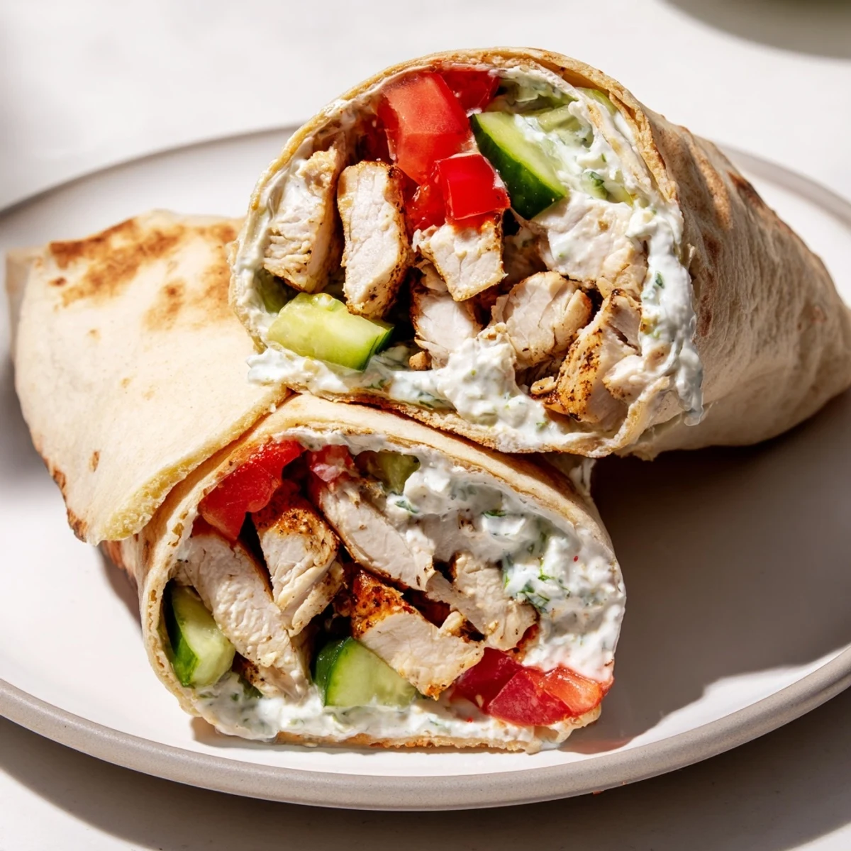 Bright and fresh Greek Chicken Wrap served with creamy tzatziki and ripe tomato on a plate.