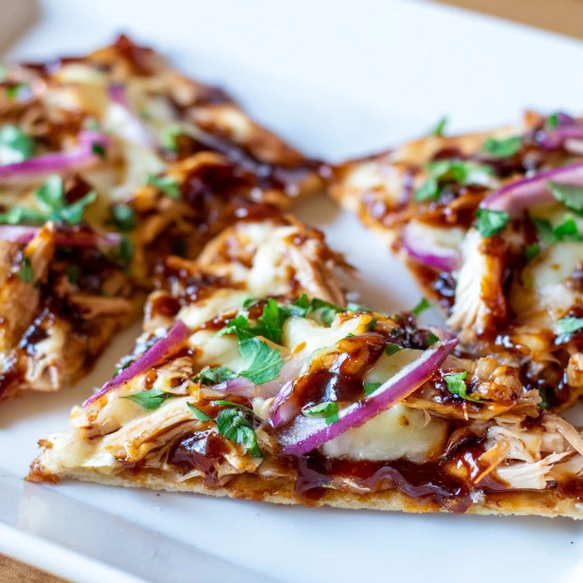 A close-up of a golden-brown BBQ Chicken Flatbread, with melted mozzarella and grilled chicken pieces on a white plate, drizzled with BBQ sauce. 