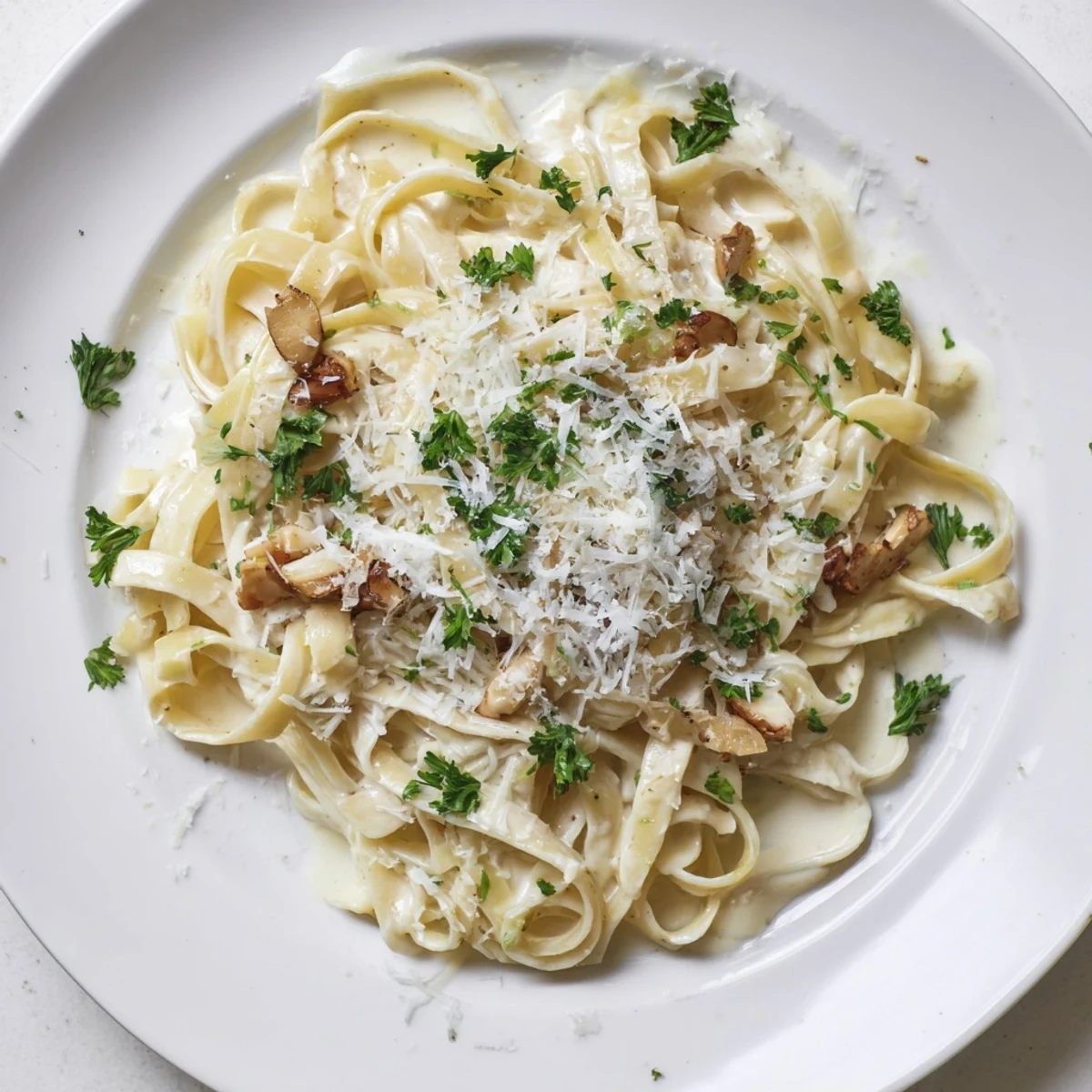 Creamy roasted garlic pasta twirls on a fork, topped with fresh parsley and Parmesan.