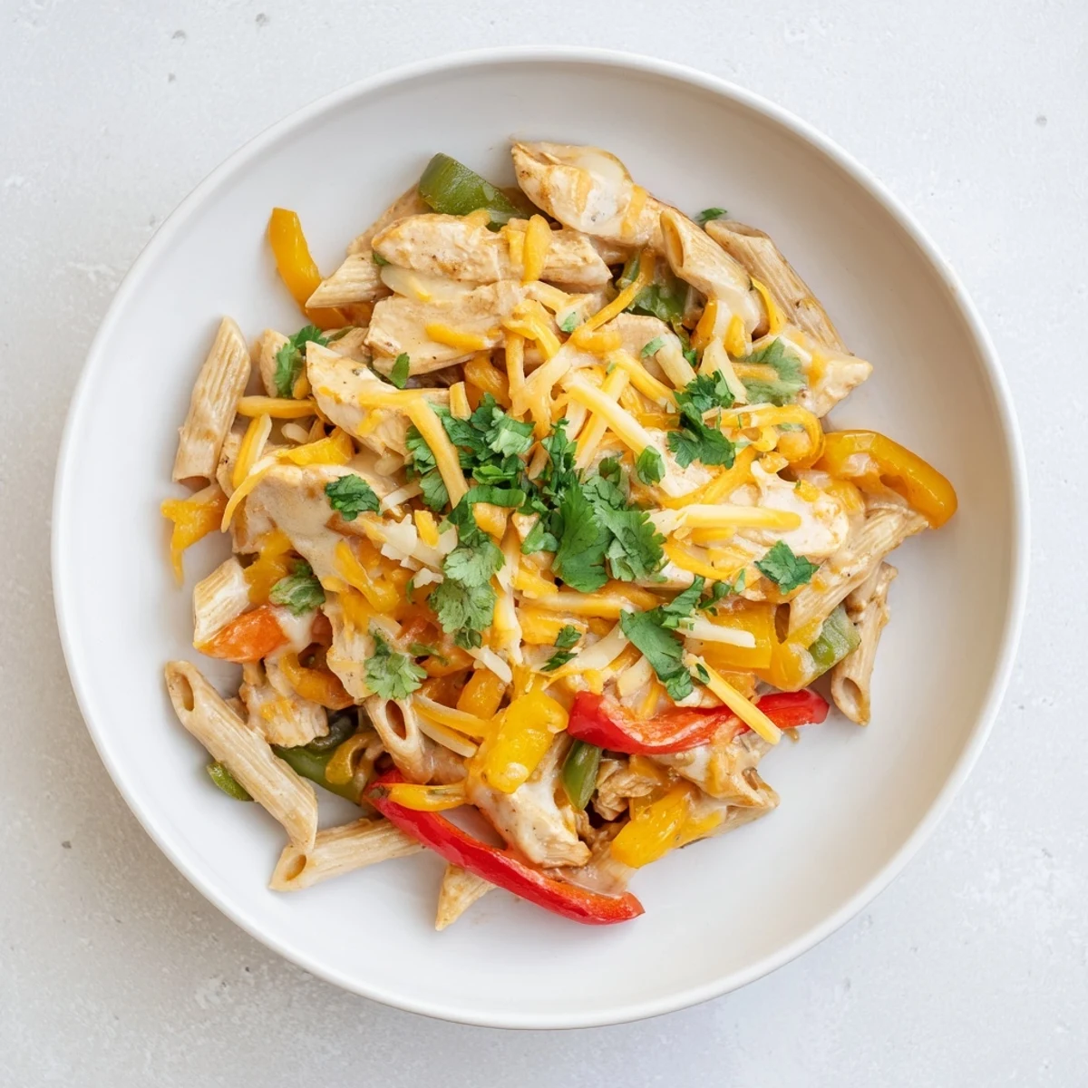 Steaming Chicken Fajita Pasta Skillet with melted cheese, colorful peppers, and tender chicken in a single pan for a weeknight Tex-Mex dinner.  