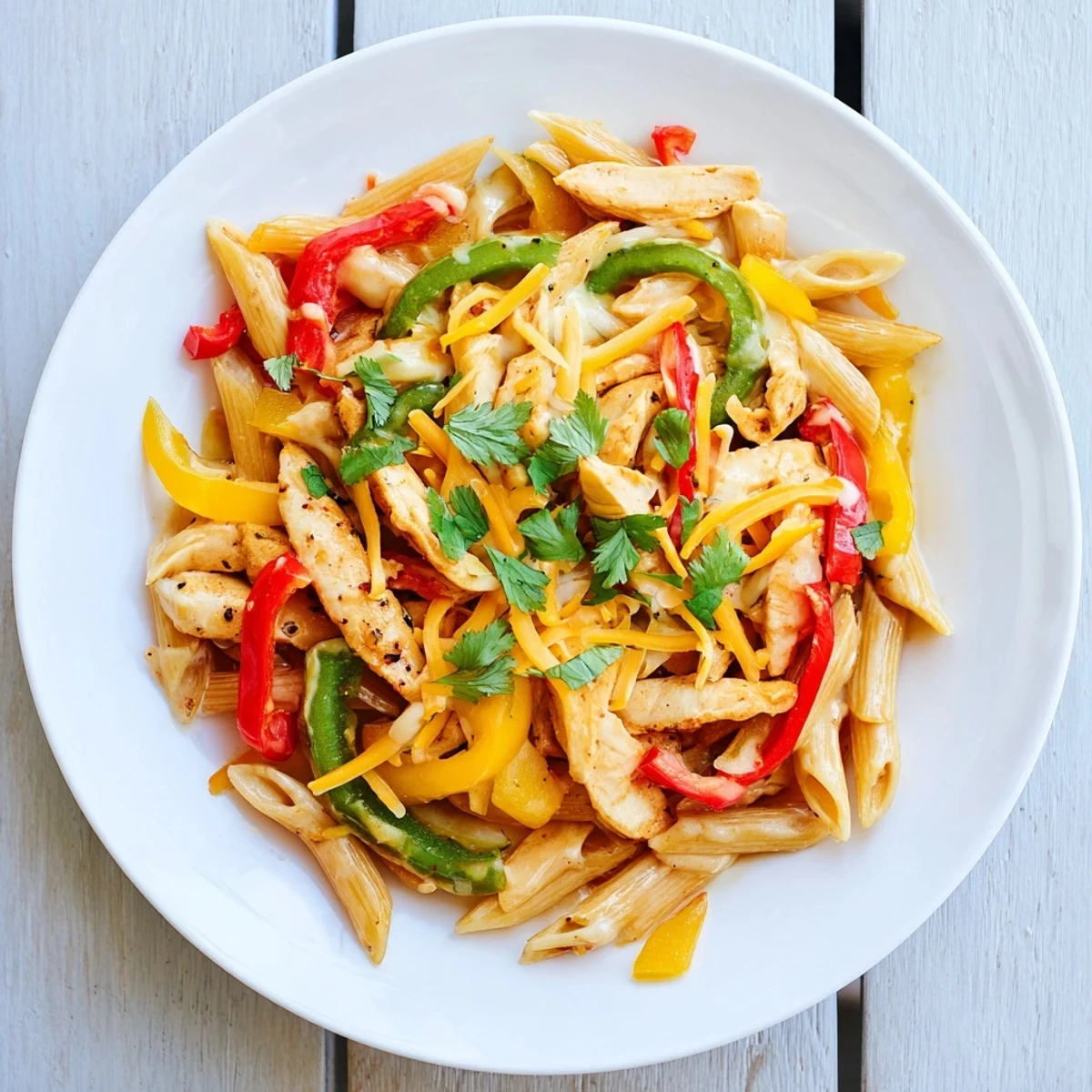 A close-up of Chicken Fajita Pasta Skillet showing creamy sauce, sautéed peppers, onions, and cilantro garnish with lime wedges.  