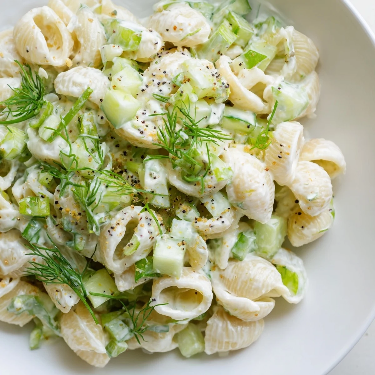 Tossed cold pasta salad featuring diced cucumbers, fresh dill, and everything bagel seasoning in a tangy sour cream dressing—ready in 25 minutes.