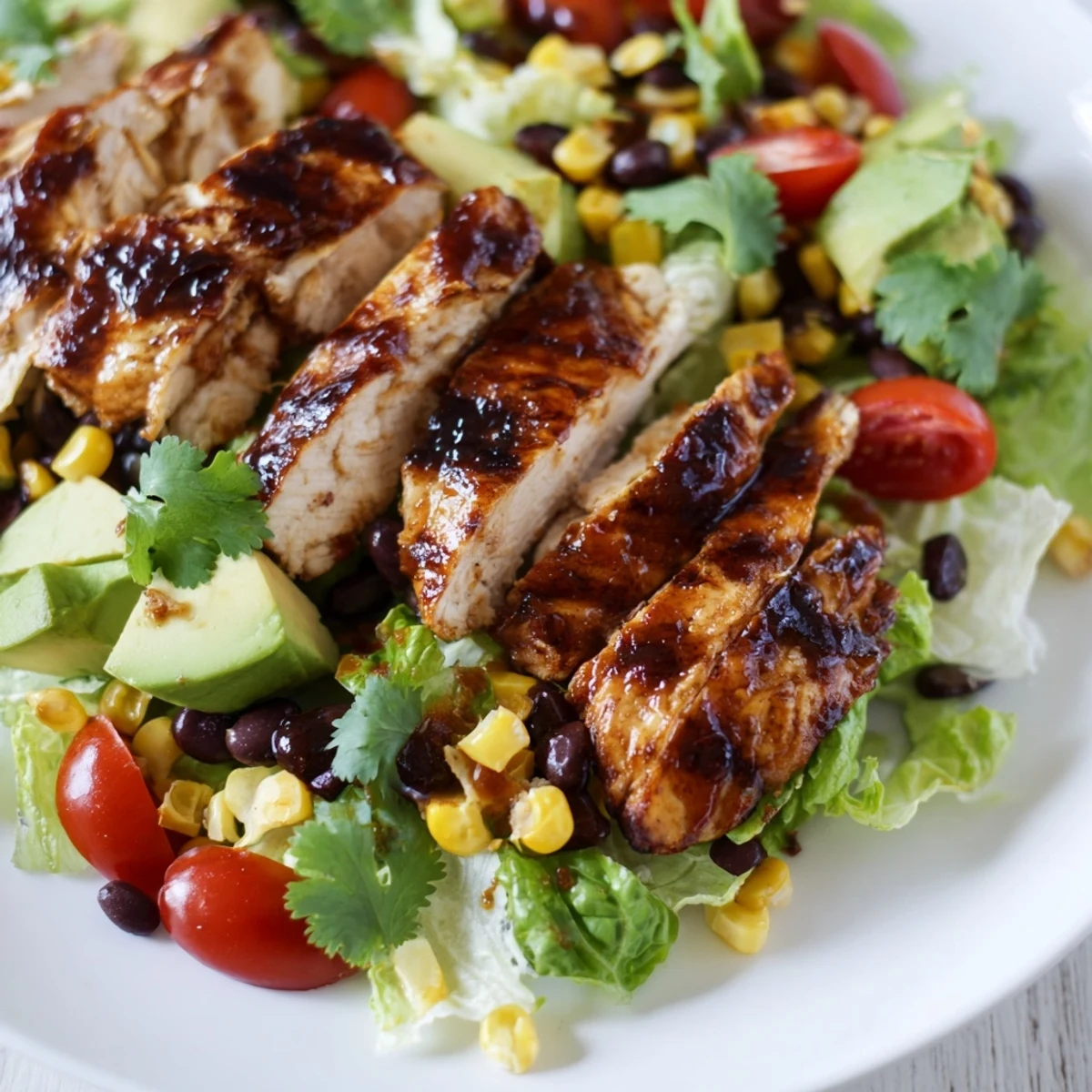 A vibrant Honey Lime Chicken Taco Salad with grilled chicken slices on a bed of crisp romaine, corn, and black beans.
