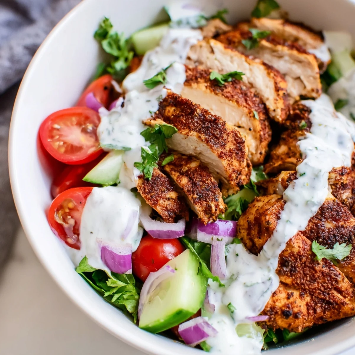 Juicy, spiced chicken shawarma salad bowl with crisp greens, tomatoes, cucumbers, and garlic sauce drizzle.