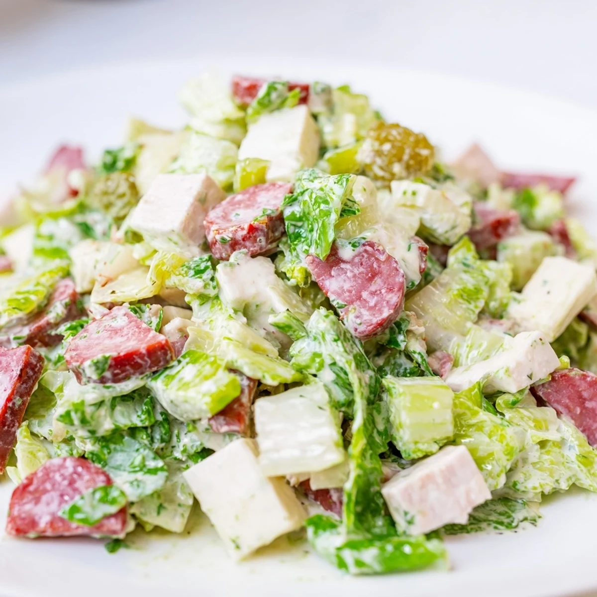 Hearty Italian Deli Chopped Chicken Salad with juicy chopped chicken, Italian salami, provolone, and pepperoncini on crisp lettuce, drizzled with a zesty oregano dressing.