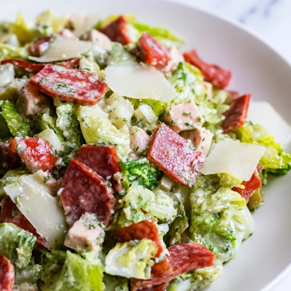 Bright, hearty Italian Deli Chopped Chicken Salad in a rustic bowl with cherry tomatoes, red onion, cucumber, and olive oil vinaigrette, ready for a fresh lunch.