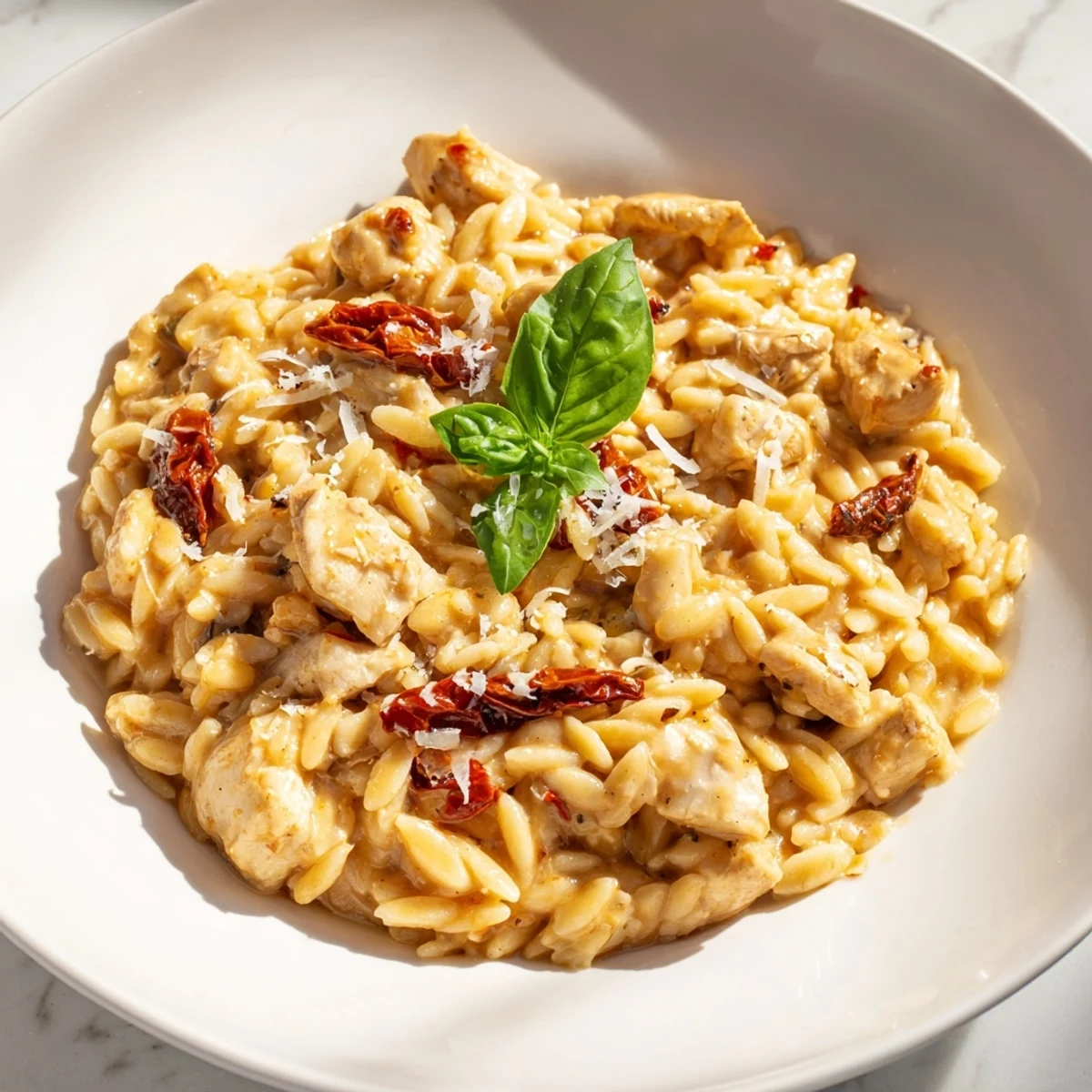 Tuscan Chicken Orzo served steaming hot from the skillet, garnished with fresh basil and melted Parmesan cheese.
