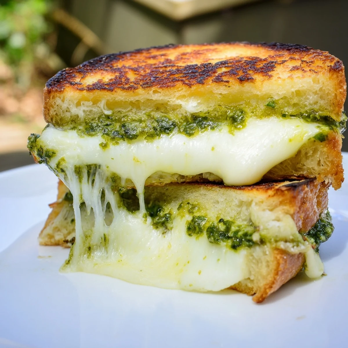 Golden, melty cheese oozes from grilled sourdough pesto grilled cheese, served warm on a wooden board.