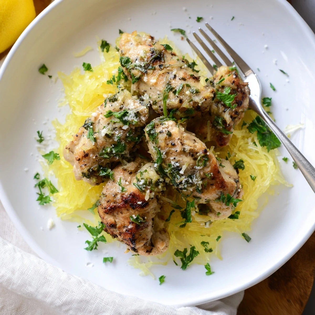 Golden roasted spaghetti squash strands topped with tender, lemon-garlic chicken and a generous sprinkle of Parmesan cheese.  