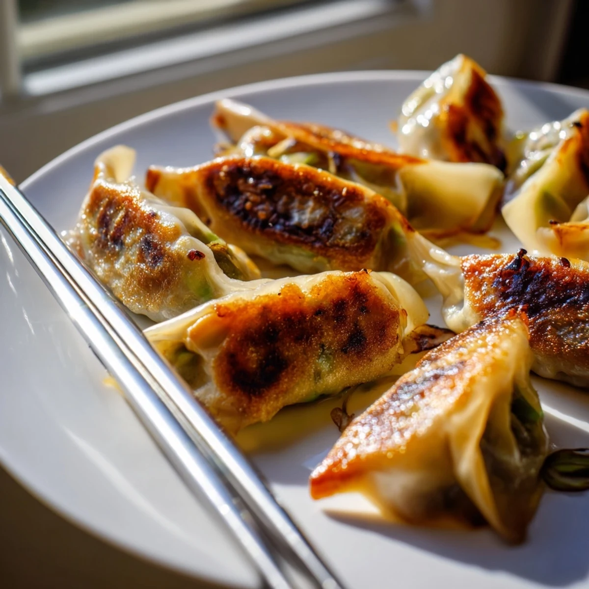 Golden-brown smashed gyozas sizzling in a skillet, their crispy edges and tender pork filling steaming invitingly beside a small bowl of savory dipping sauce.  
