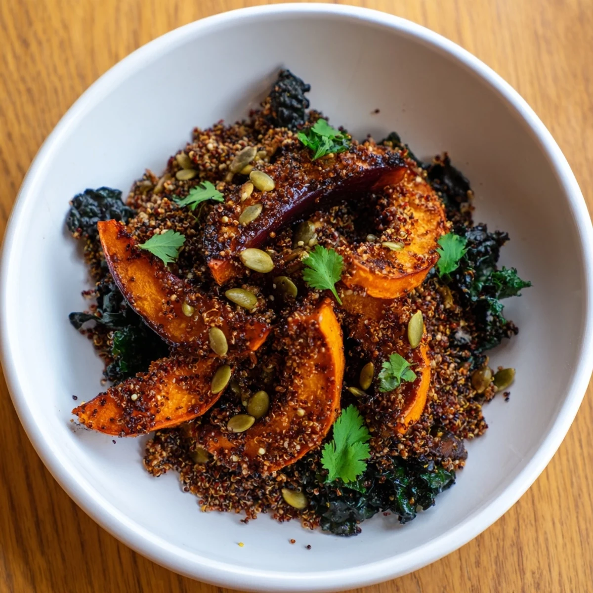 A close-up of a vibrant Sweet and Spicy Red Kuri Squash Bowl with roasted orange squash cubes, wilted kale, and pepitas.