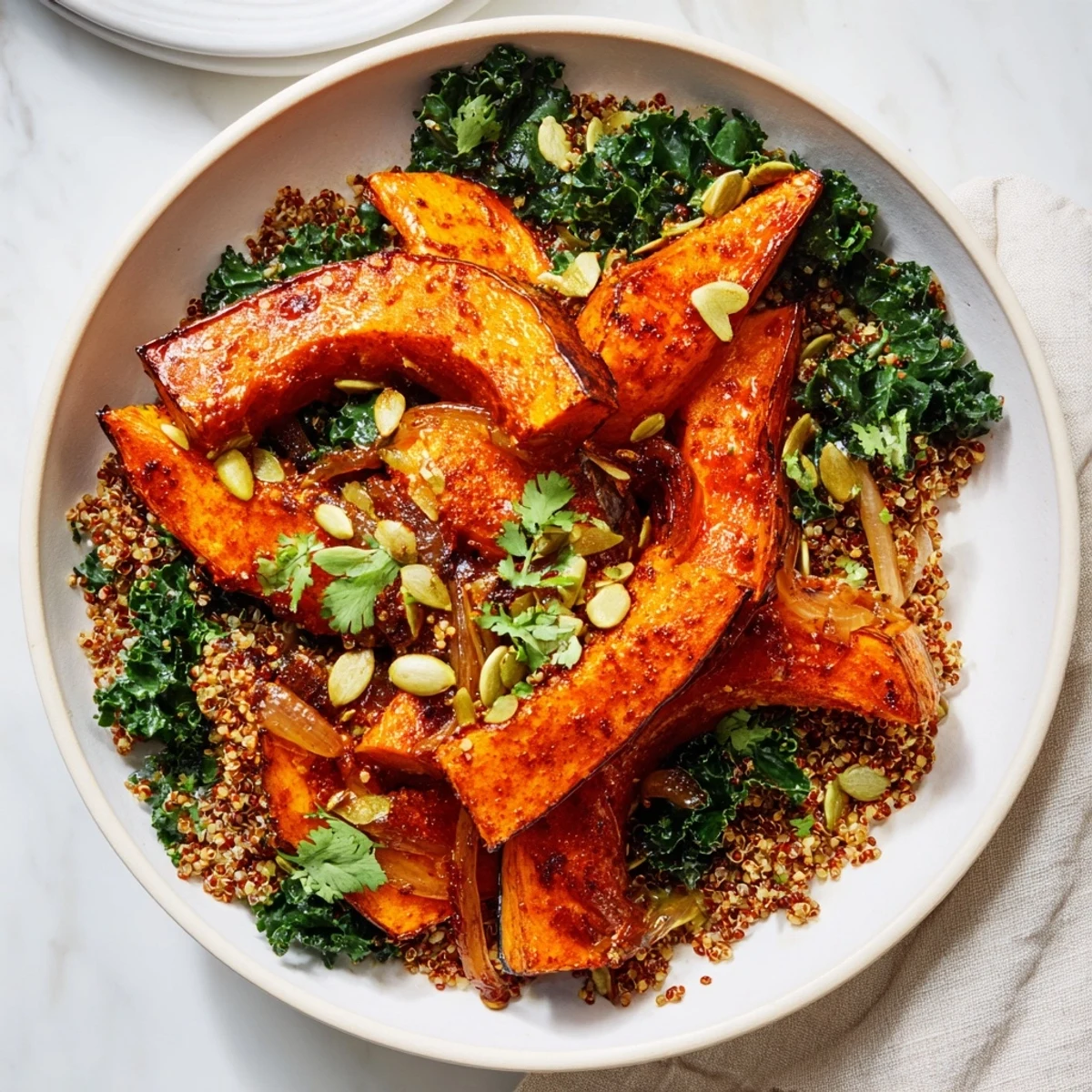 Overhead view of a colorful Sweet and Spicy Red Kuri Squash Bowl featuring caramelized onions and optional quinoa, ready to serve.
