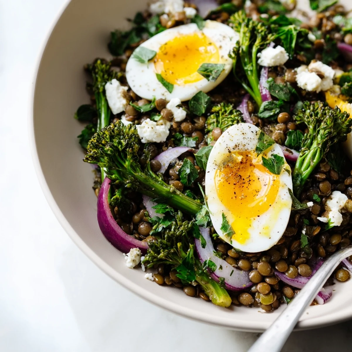 Overhead view of a hearty French lentil salad, featuring tender lentils, crisp-tender broccolini, and soft-cooked eggs, served with a tangy Dijon vinaigrette.