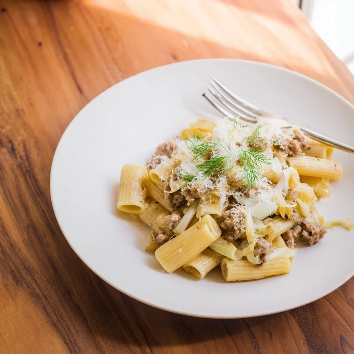 Tender penne pasta coated in a light sauce, topped with browned Italian sausage and sweet, caramelized fennel.
