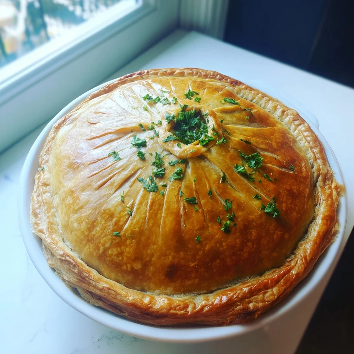 Golden, flaky pastry tops this homemade Chicken and Leek Pie, brushed with egg wash and baked to perfection.