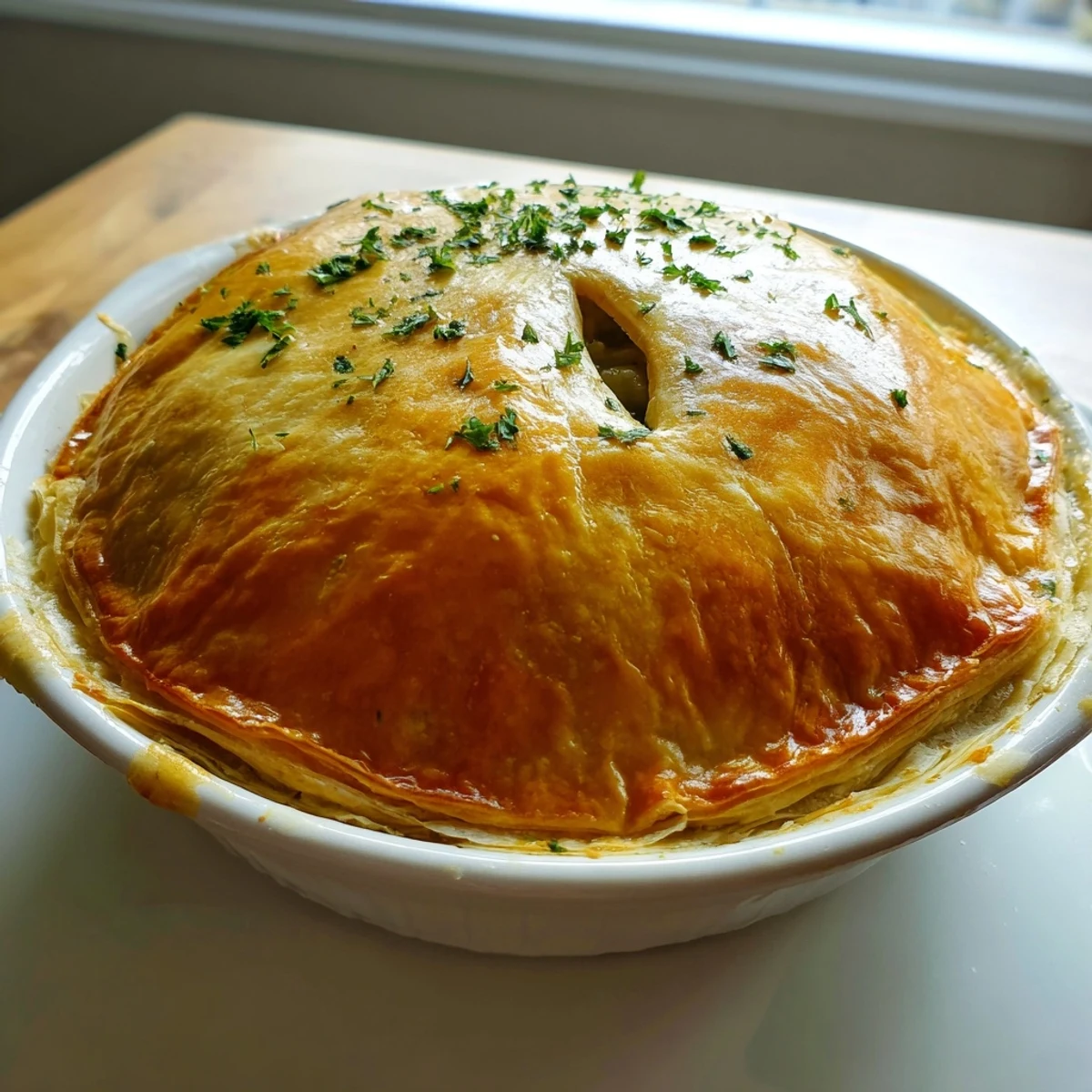 A rustic Chicken and Leek Pie with bubbling filling and crisp crust, ready to slice on a dinner plate.