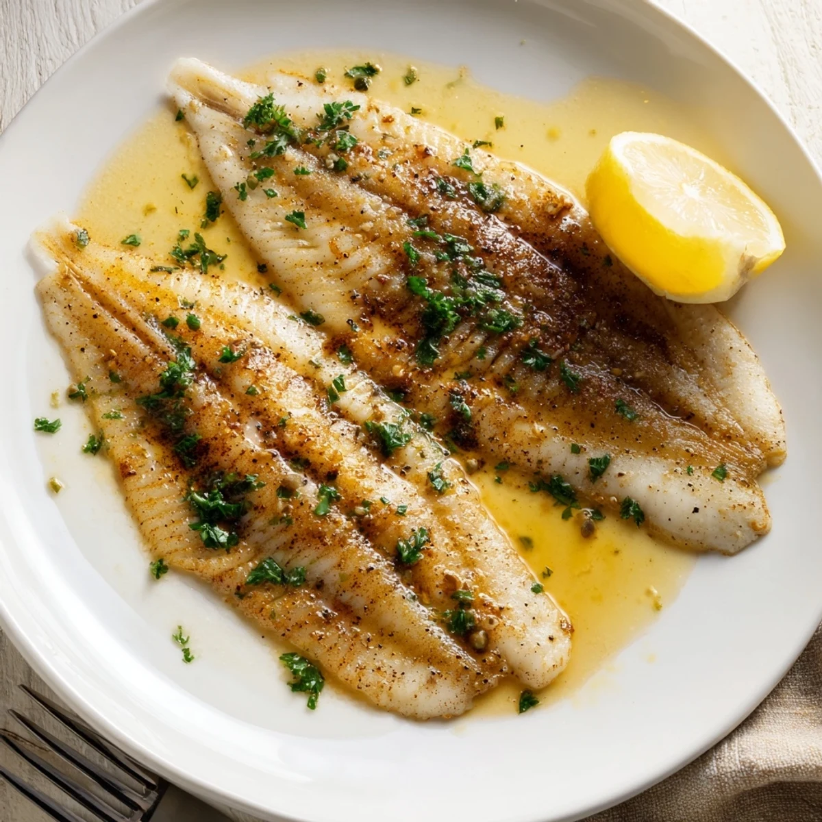 Golden-brown flounder meunière fillets glisten with lemon-browned butter sauce, garnished with fresh parsley.  