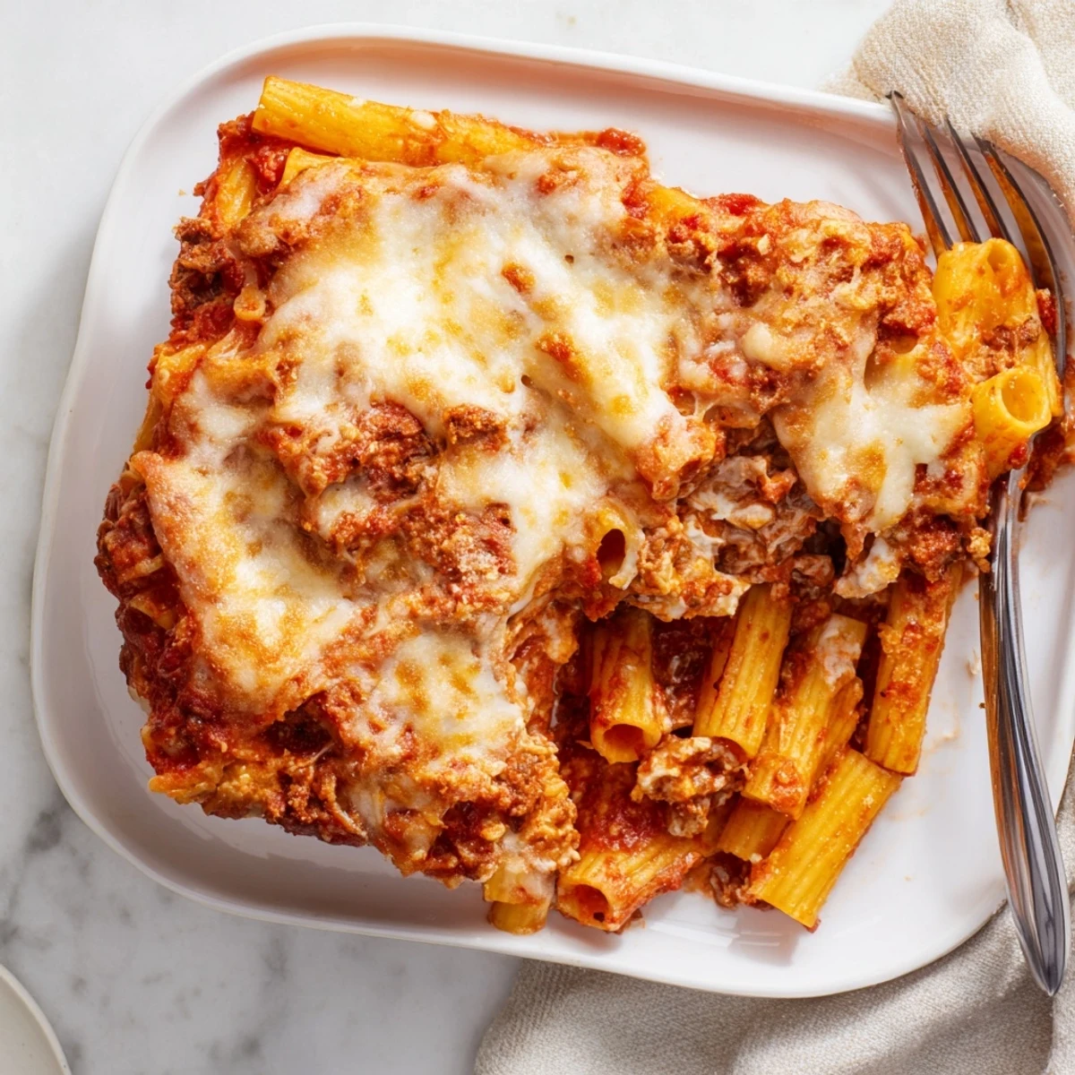 Golden baked Freezer Make-Ahead Baked Ziti with melted mozzarella and ricotta in a casserole dish, ready to serve.