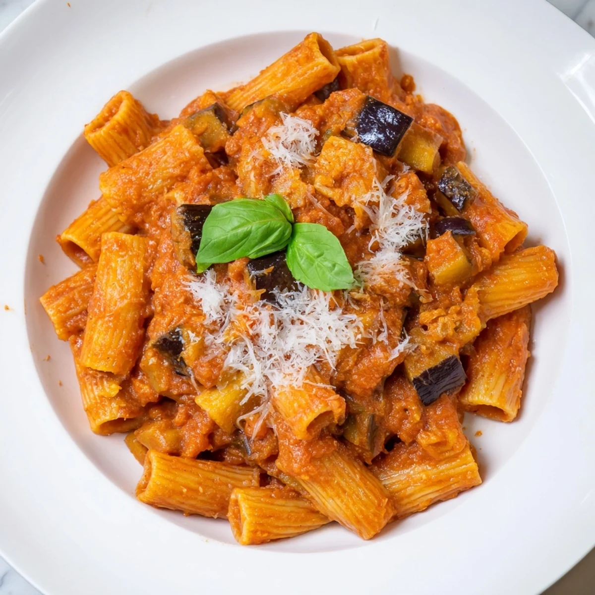 A close-up of Pasta Alla Norma with roasted eggplant cubes and rich red tomato sauce on rigatoni.  