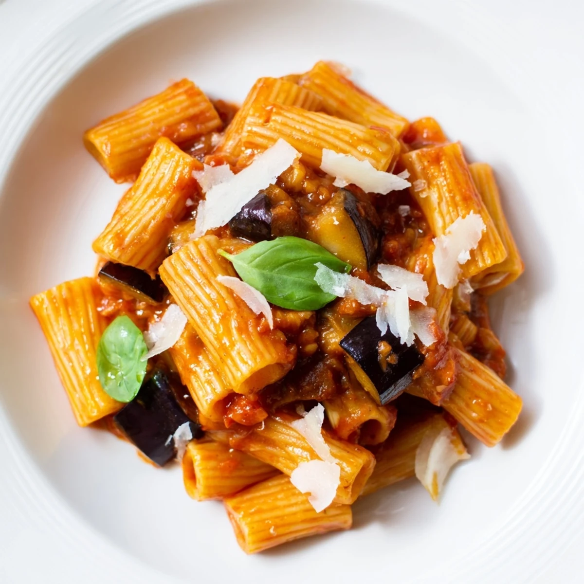 Pasta Alla Norma, a classic Sicilian main dish, served in a rustic bowl with fresh basil and ricotta salata.  