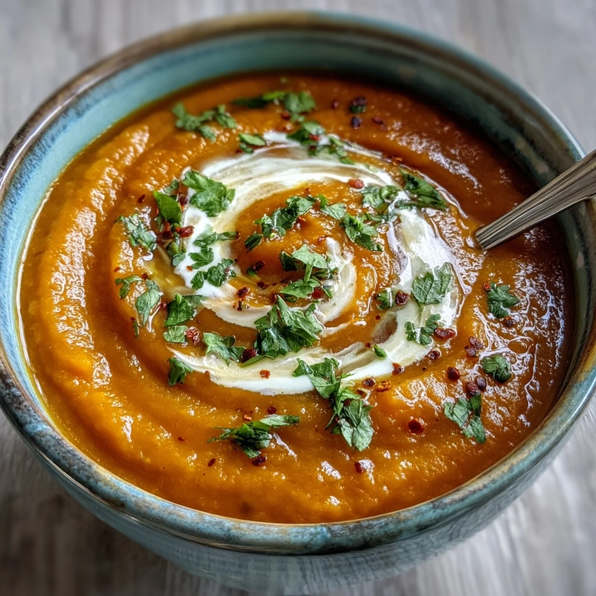 Warm Carrot and Lentil Soup in a stoneware mug, steam rising beside crusty bread for dipping. 