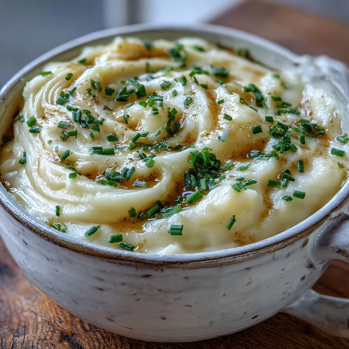 Close-up of Cream of Potato Soup, garnished with cheddar cheese and fresh parsley, perfect for a cozy winter dinner.