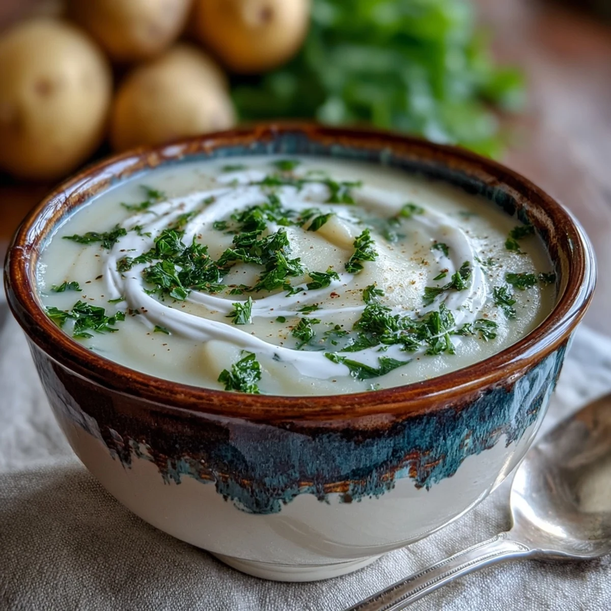 Creamy potato leek soup in a rustic bowl topped with fresh chives and a swirl of cream.