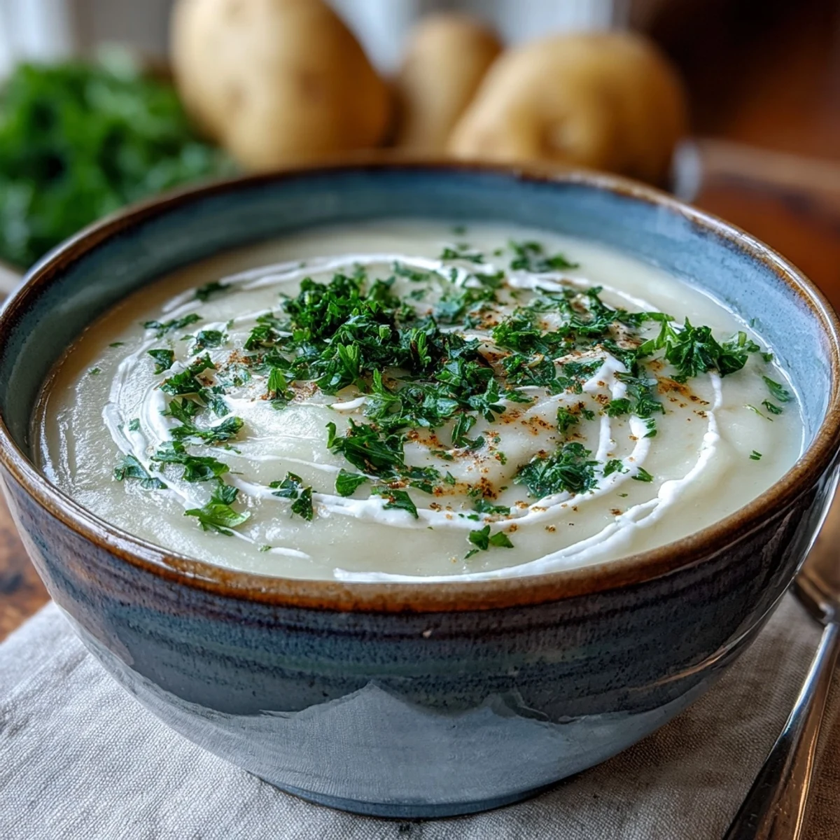 Smooth blended potato leek soup garnished with black pepper and olive oil, served with crusty bread.