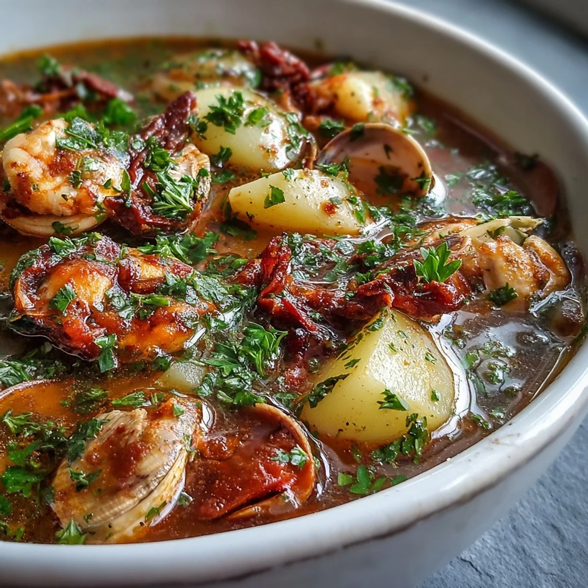 A steaming bowl of homemade Manhattan Clam Chowder with tender clams, red potatoes, and fresh parsley garnish.