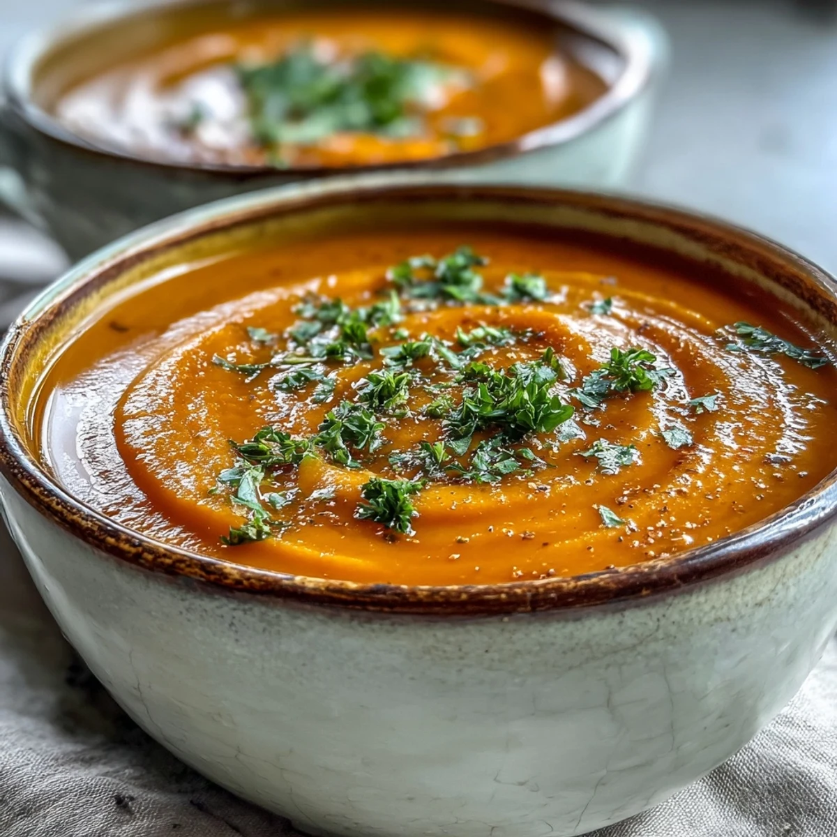 A steaming bowl of Carrot Ginger Soup garnished with pumpkin seeds and herbs, paired with crusty bread on the side.