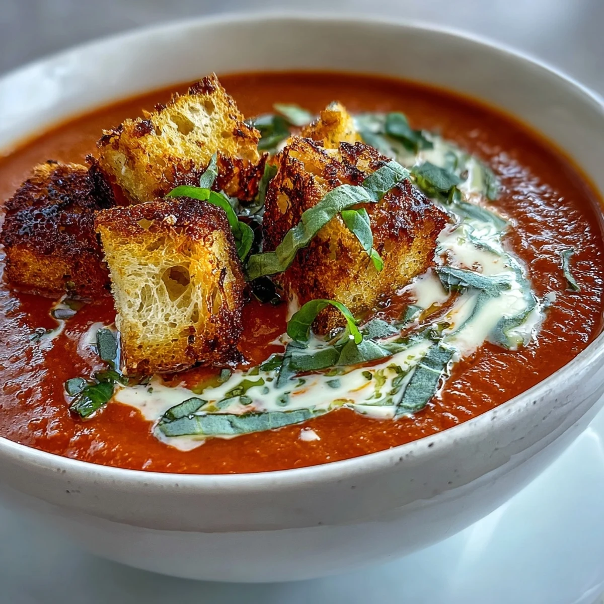 Creamy Roasted Tomato Soup in a rustic bowl is topped with golden croutons and fresh basil, served next to grilled cheese.
