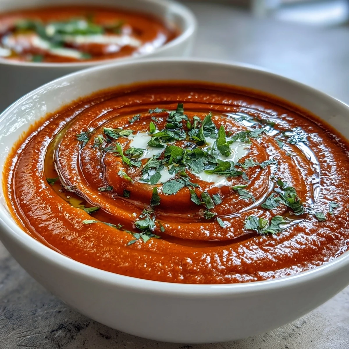 Vibrant Roasted Red Pepper Soup with a swirl of crème fraîche, fresh cilantro, and crusty bread on the side.