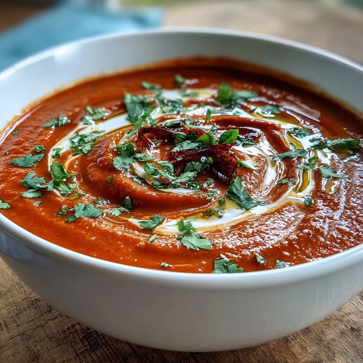 Roasted Red Pepper Soup steaming in a rustic bowl, drizzled with olive oil and paired with crusty bread.