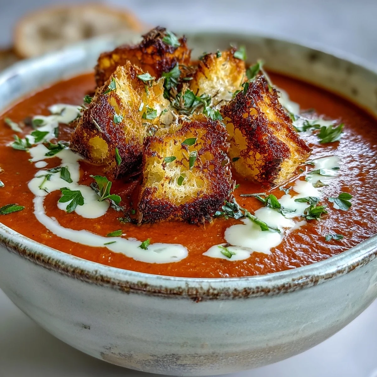 Bright red pepper soup garnished with crispy croutons, a perfect cozy vegetarian lunch or starter.